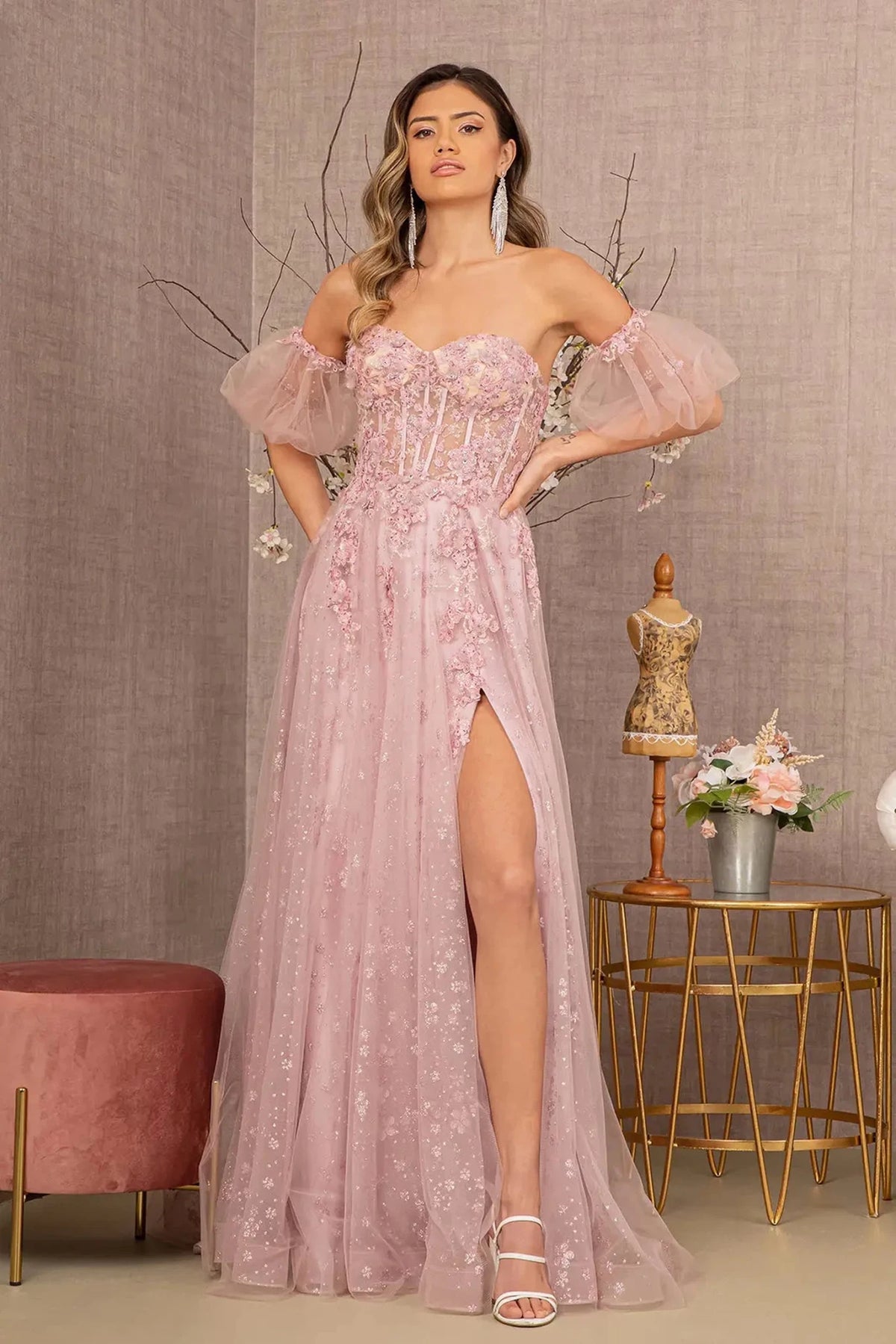 Dusty Rose appliqué strapless prom evening dress full front