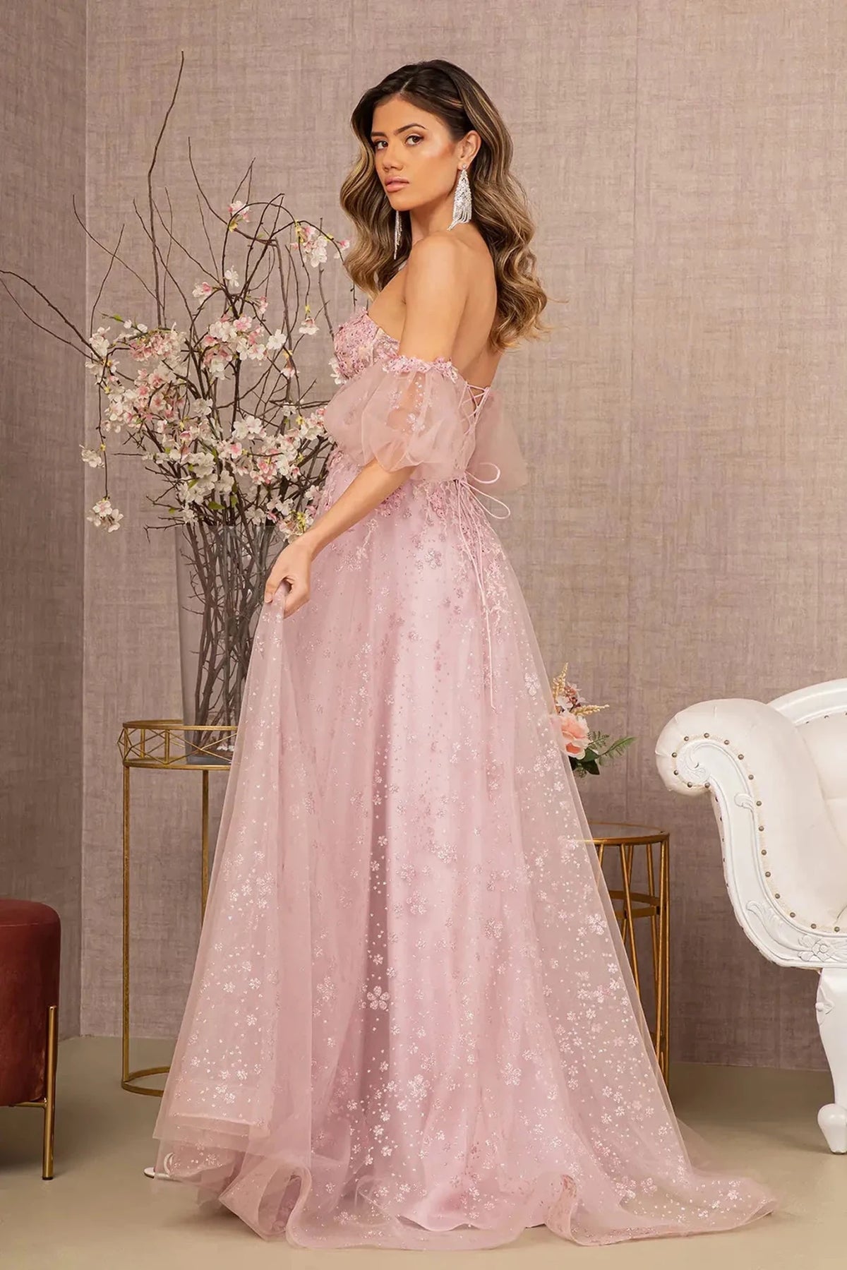 Dusty Rose prom evening dress full back with lace-up back