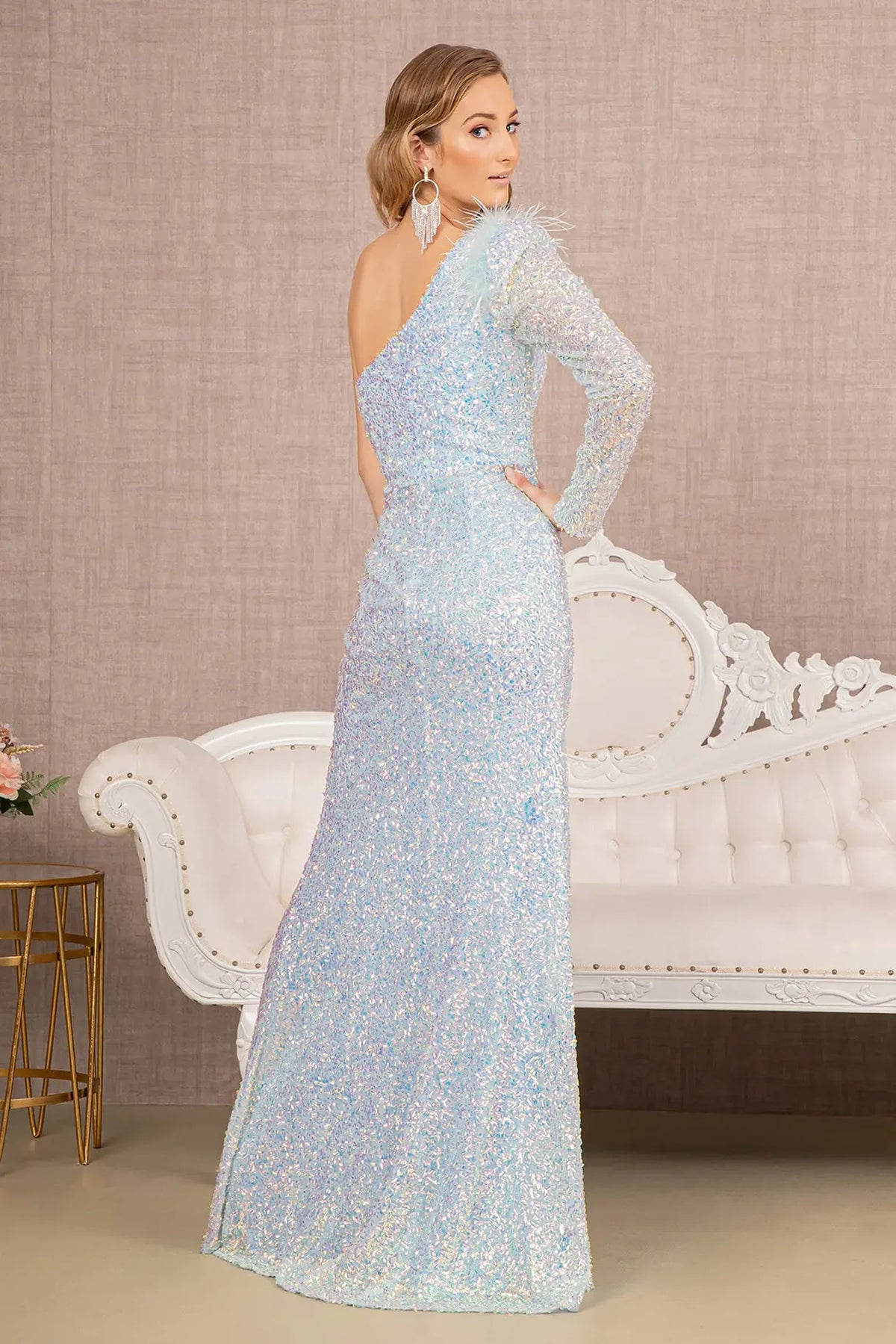 Baby Blue mother of the bride dress with an asymmetric open back