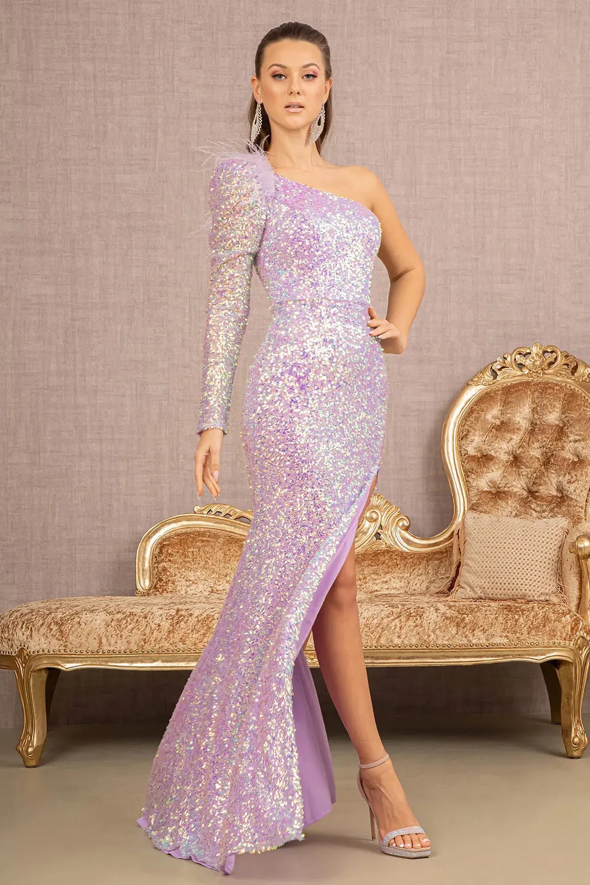 Lilac mother of the bride dress with one long sleeve and a high slit