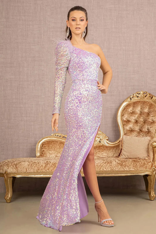 Full-length view highlights one long sleeve and a high slit on the Lilac formal dress.
