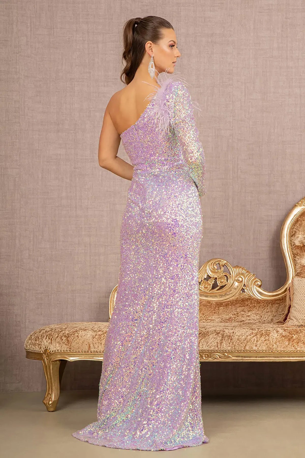 Lilac mother of the bride dress with a bare shoulder and open back