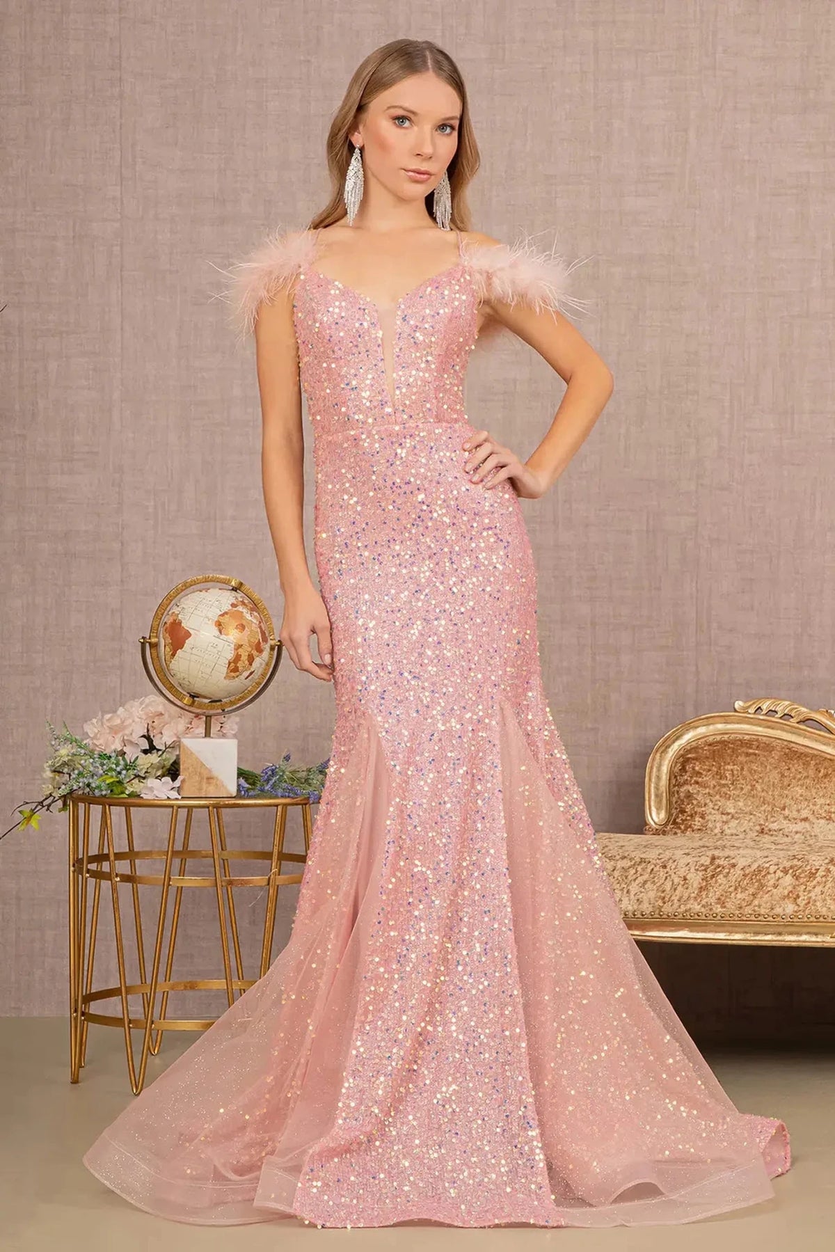 Rose Gold feather-trimmed prom evening dress full front