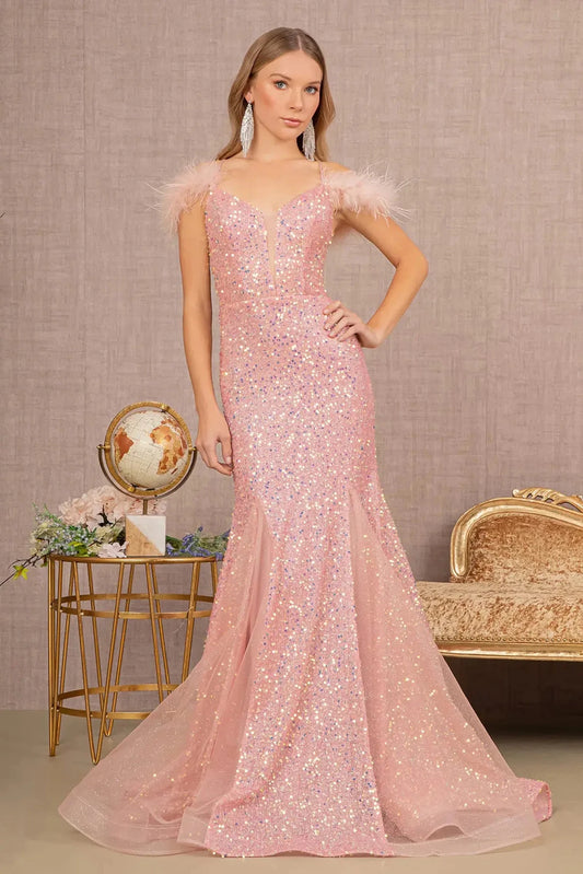 Full-length front view shows feather-trimmed styling on the Rose Gold prom evening dress.