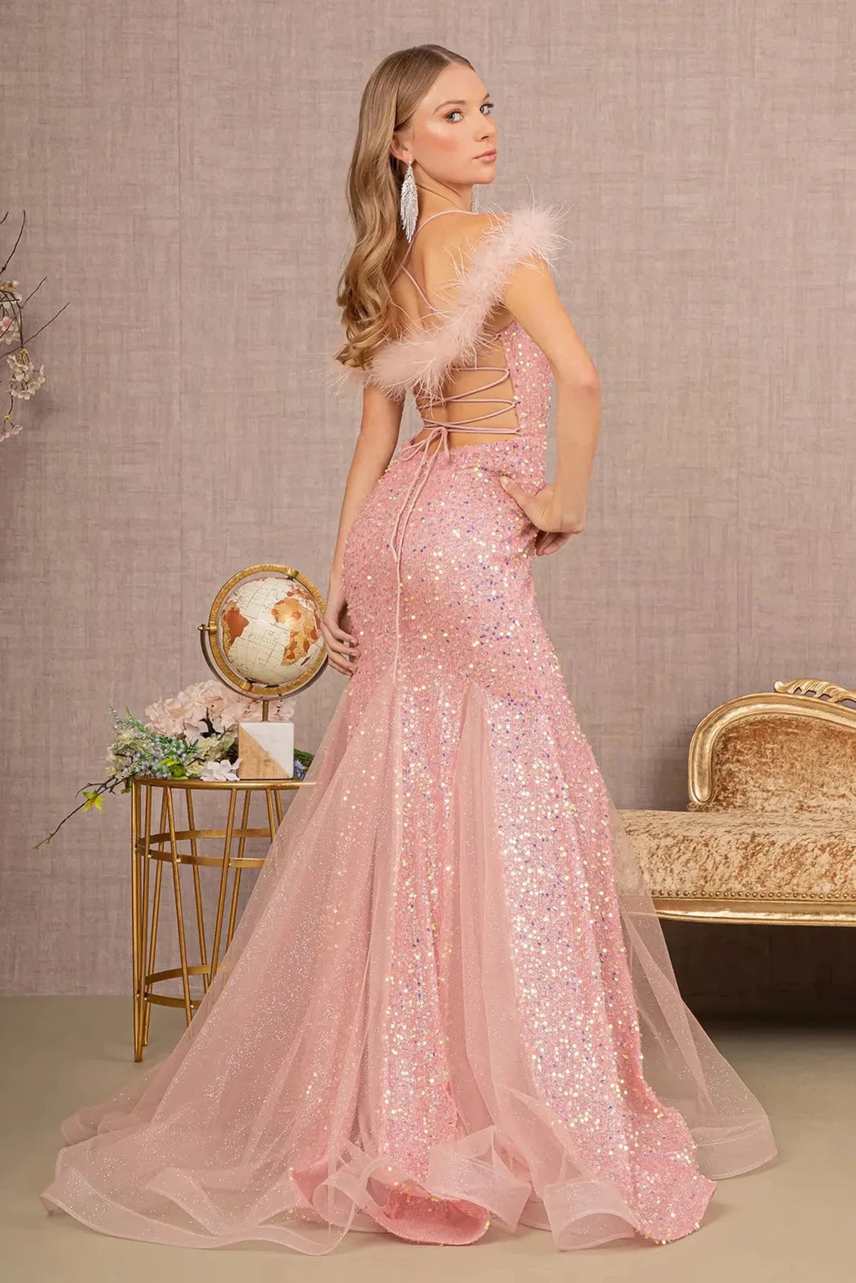 Rose Gold prom evening dress spaghetti strap bodice detail