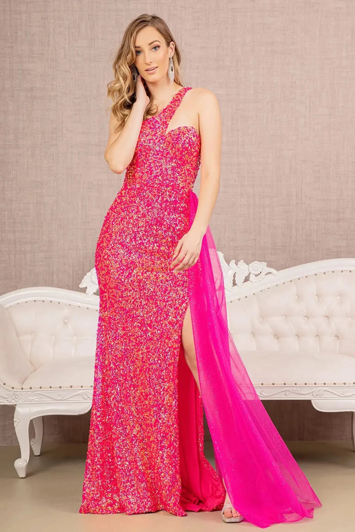 Fuchsia sequin one-shoulder prom evening dress full front