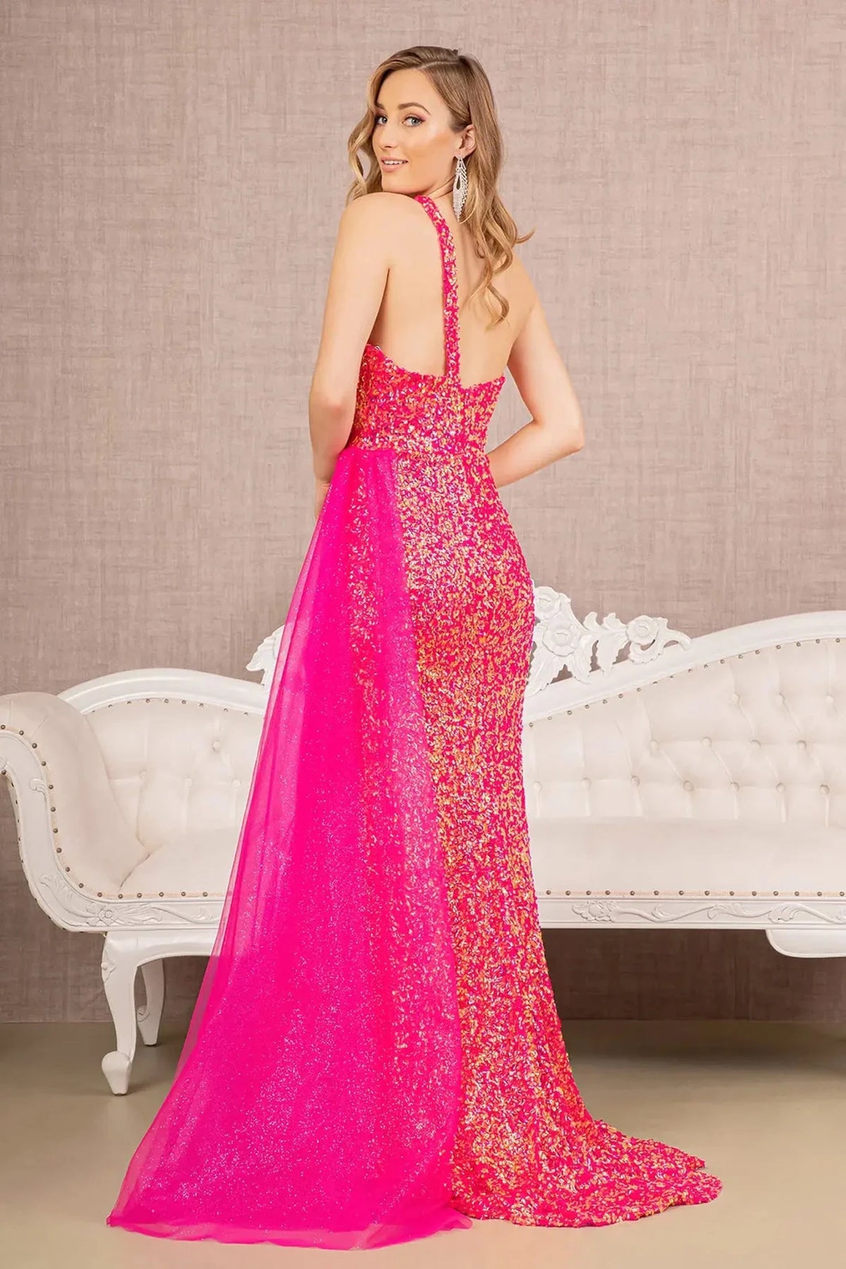 Fuchsia prom evening dress full back with open back