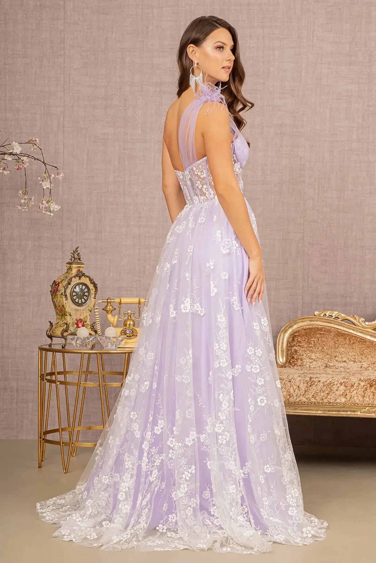 Lavender prom evening dress full back with open back