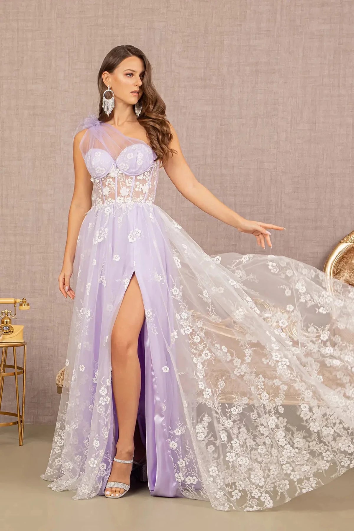 Lavender asymmetric prom evening dress upper front with applique, feather, glitter