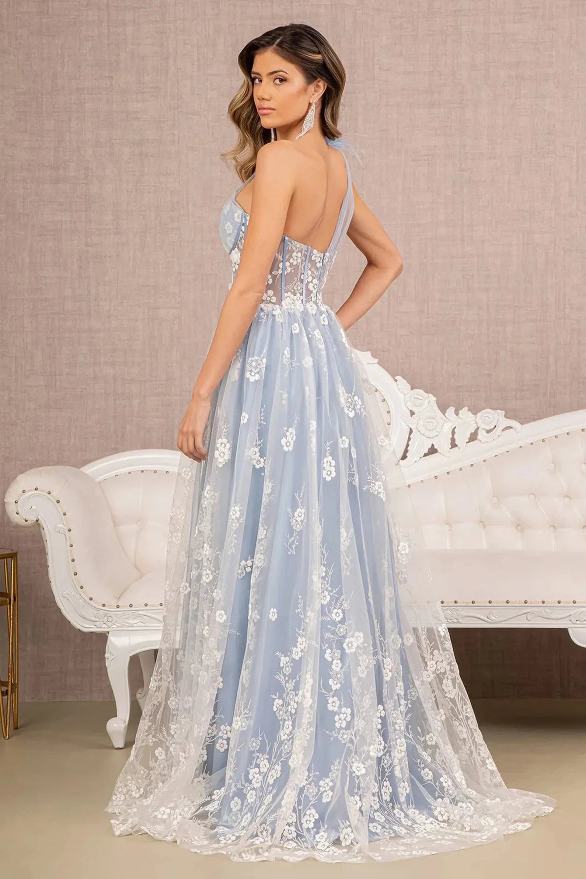Smoky Blue prom evening dress full back with open back