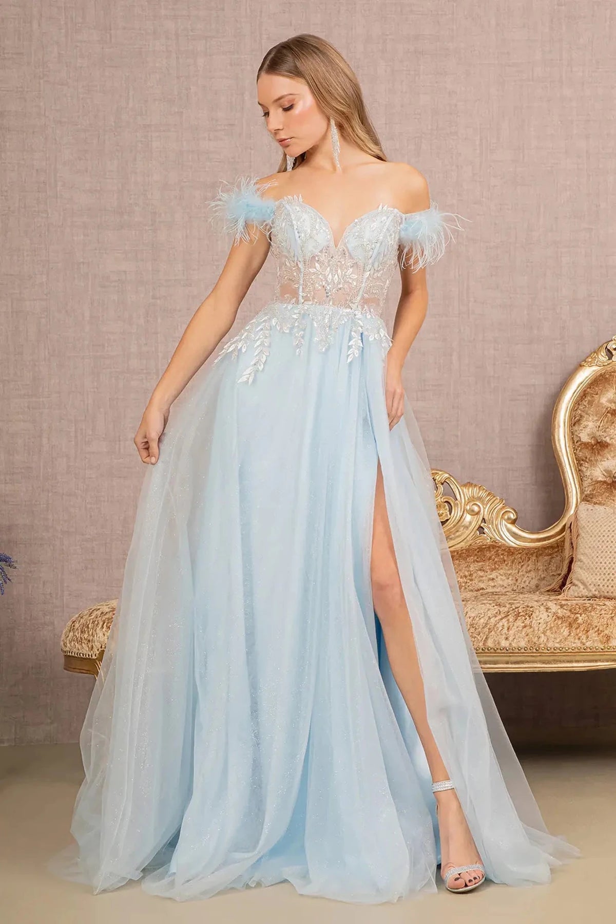 Baby Blue feather-trimmed prom evening dress full front