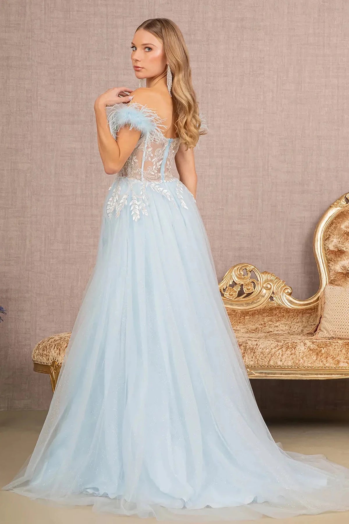 Baby Blue prom evening dress full back with sheer back