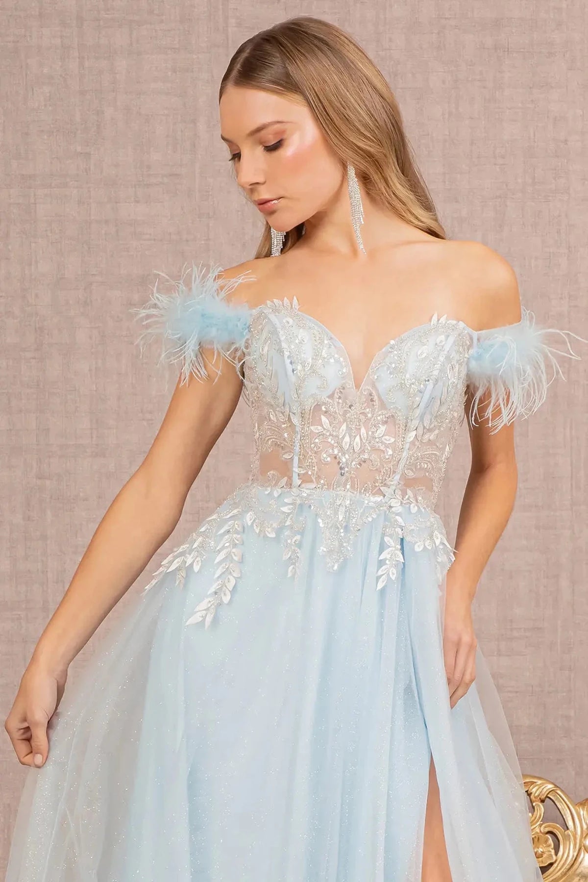 Baby Blue illusion sweetheart prom evening dress upper front with applique, beads, embroidery, feather, glitter, sequin