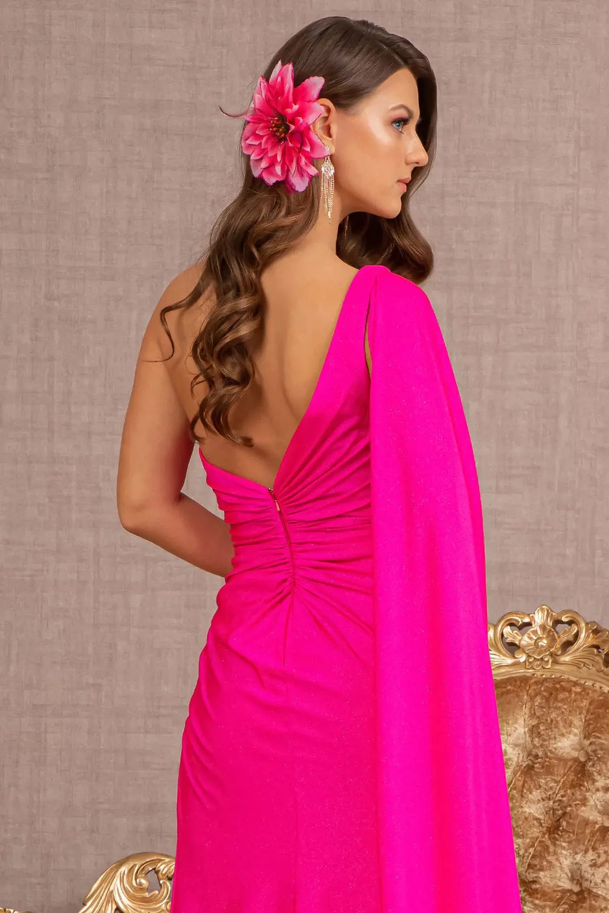 Fuchsia mother of the bride dress with gathered ruching across the open back