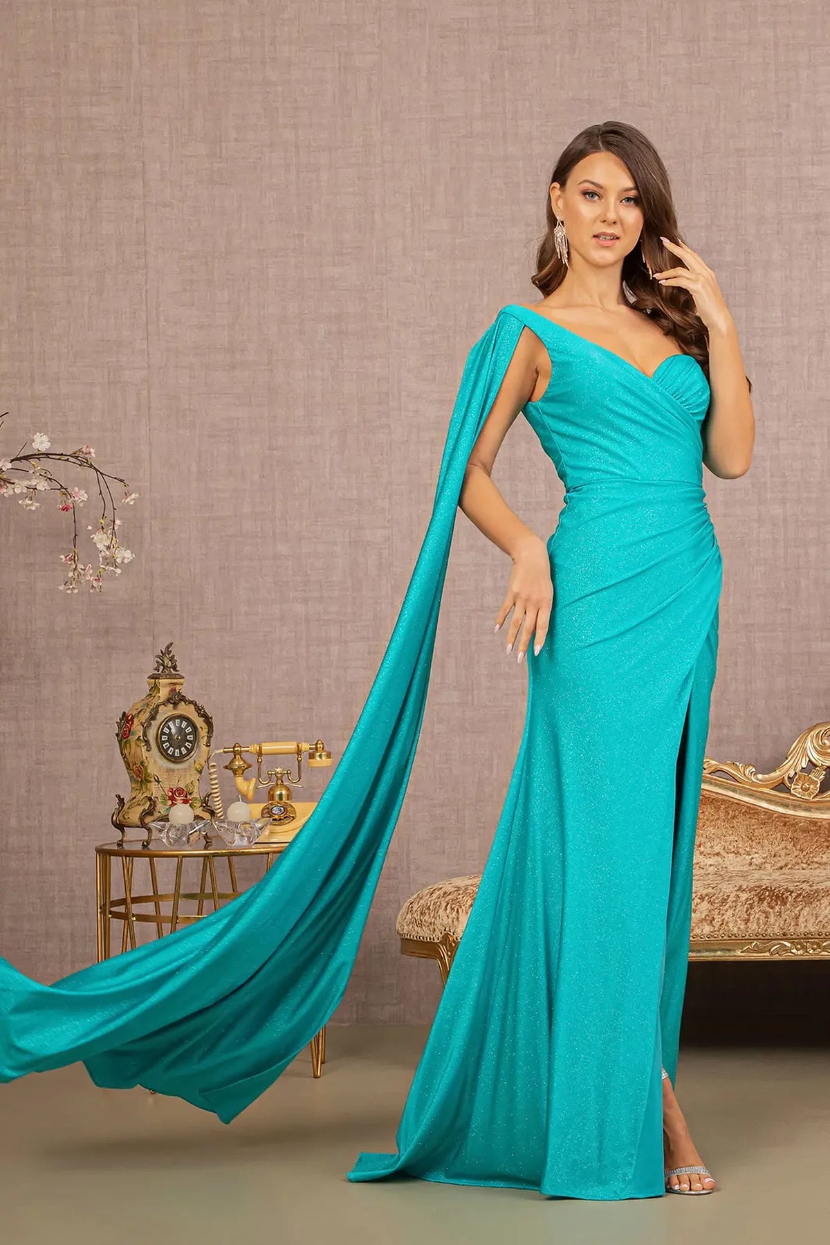 Lake Blue mother of the bride dress with a sweeping floor-length cape