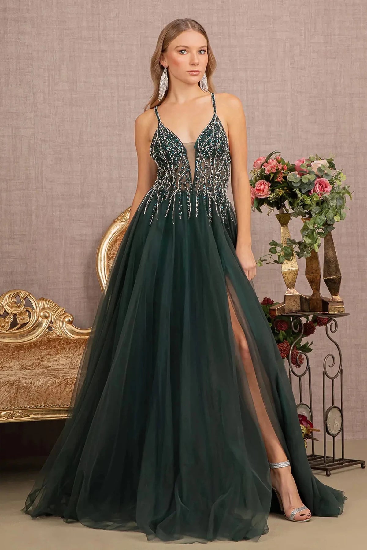 Green beaded prom evening dress full front