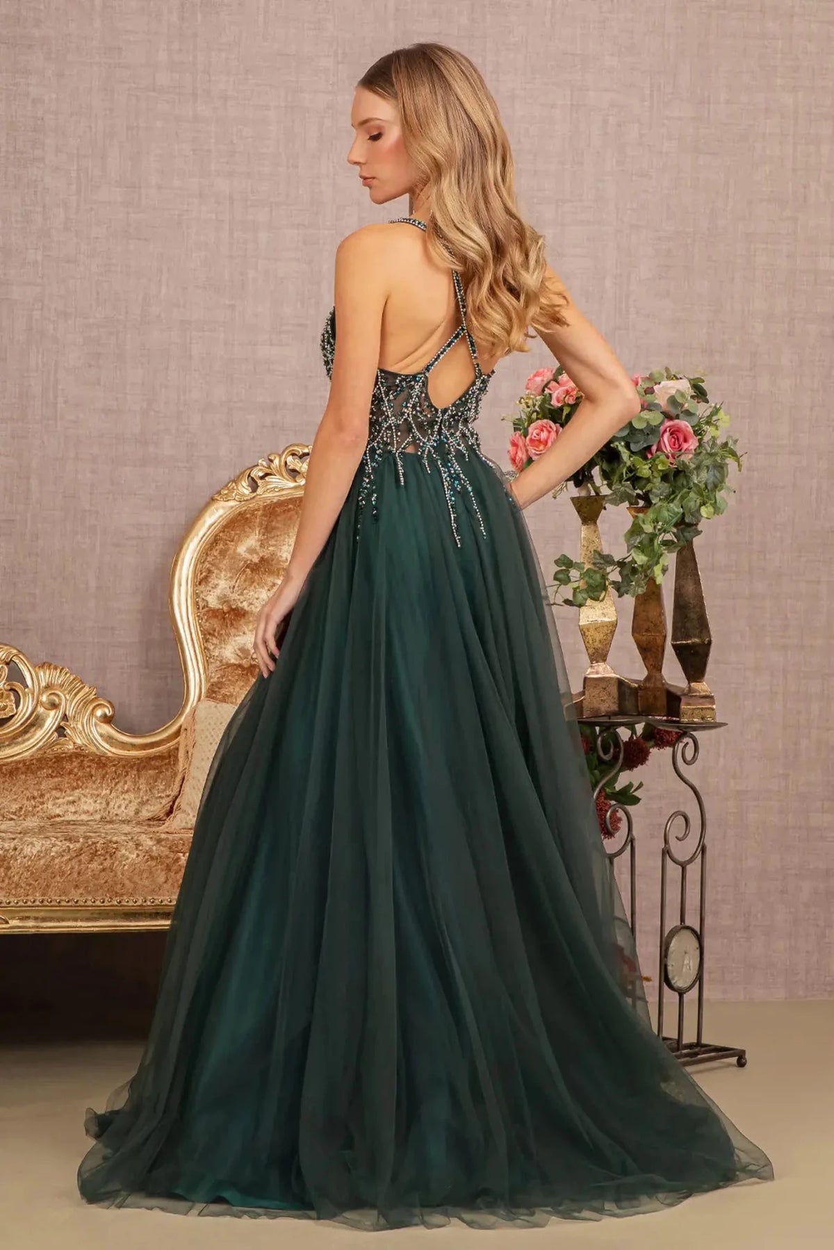 Green prom evening dress full back with open back