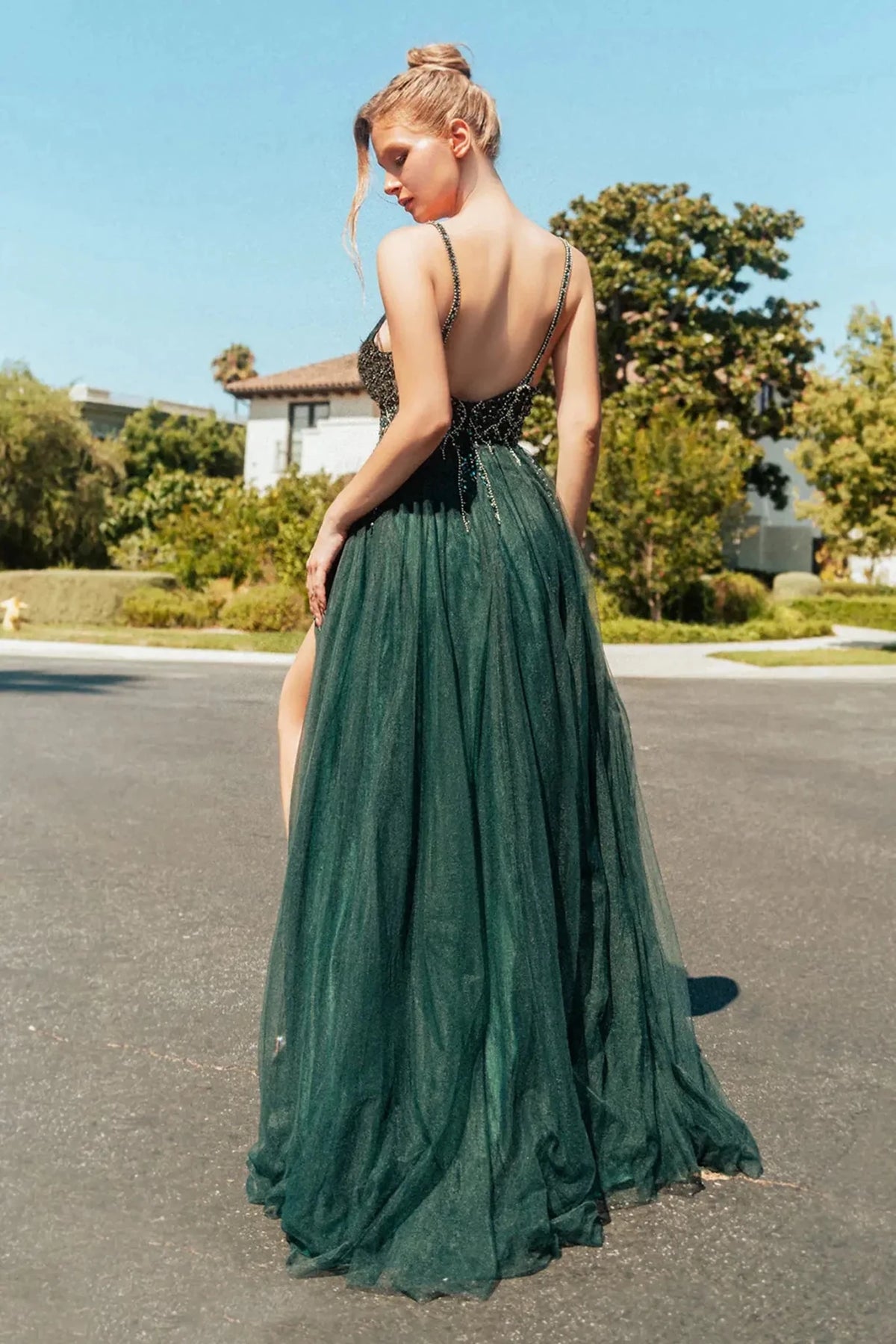 Green prom evening dress a-line skirt detail