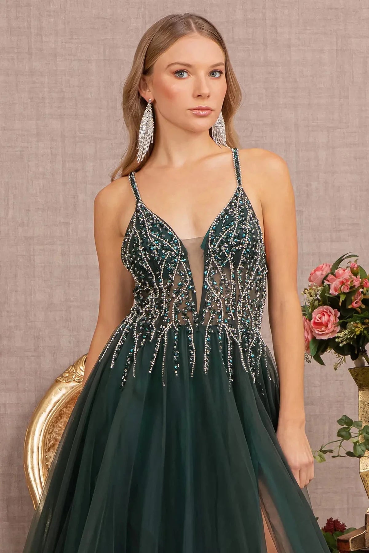 Green prom evening dress spaghetti strap bodice detail