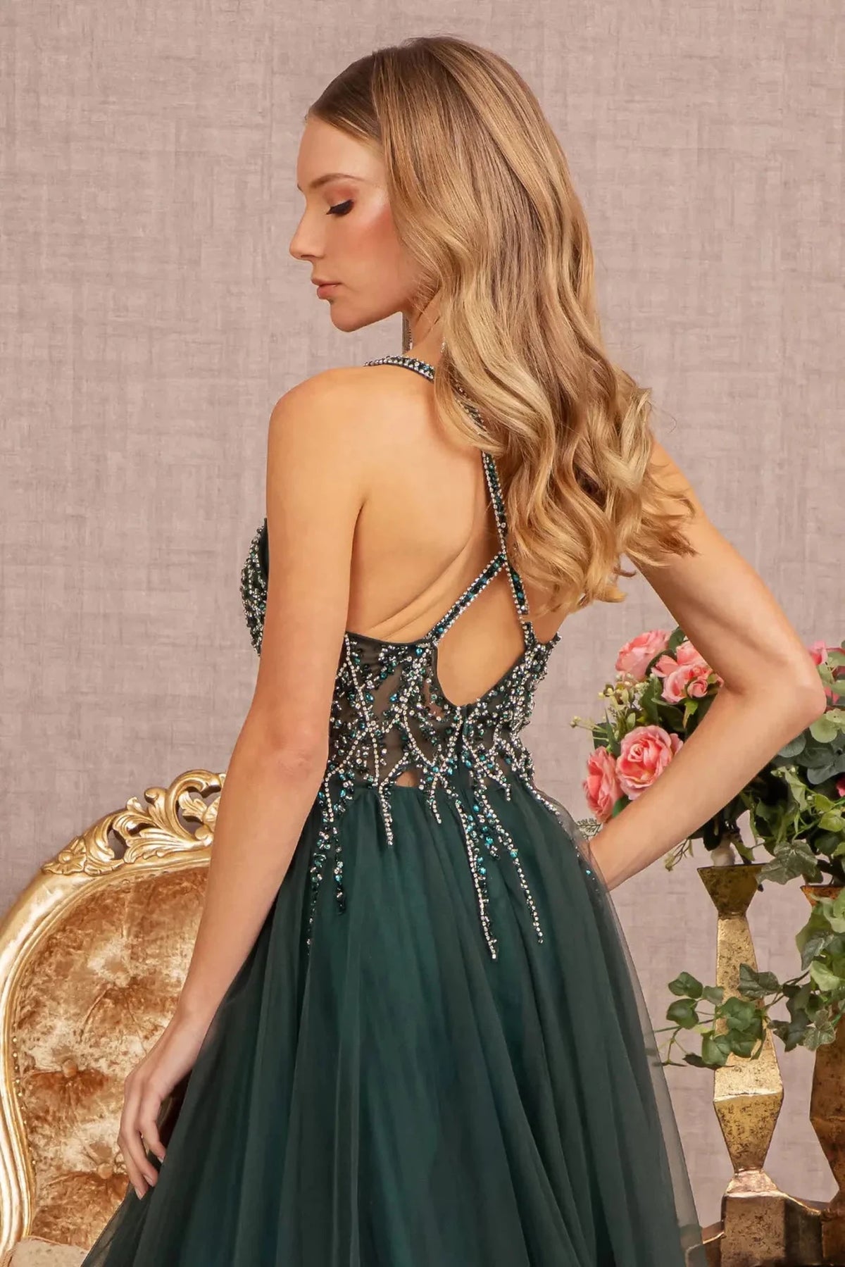 Green prom evening dress beads, jewel detail