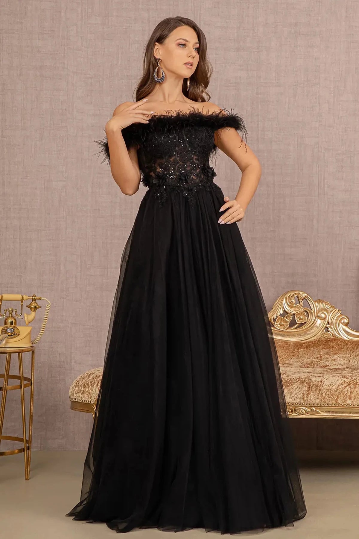 Black feather-trimmed prom evening dress full front