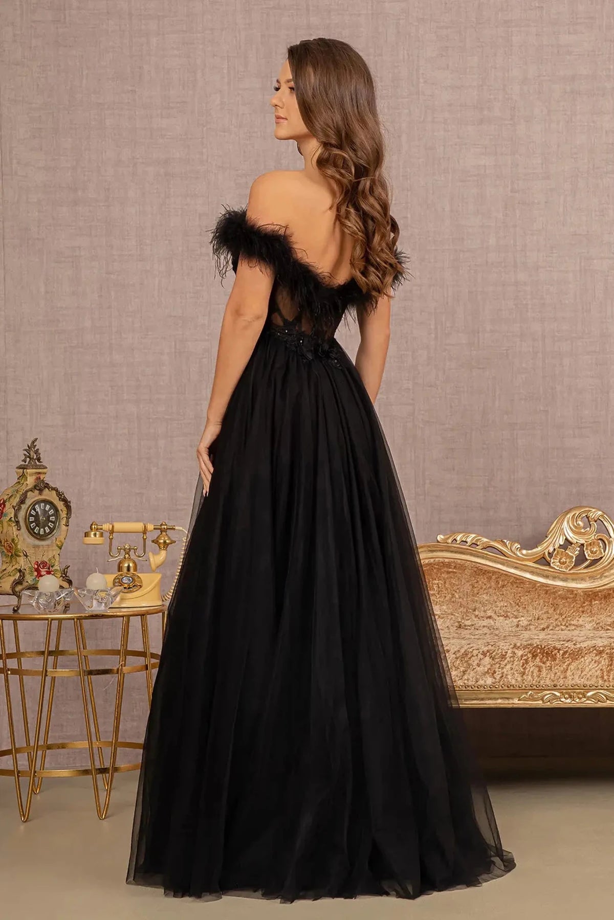 Black prom evening dress full back with sheer back