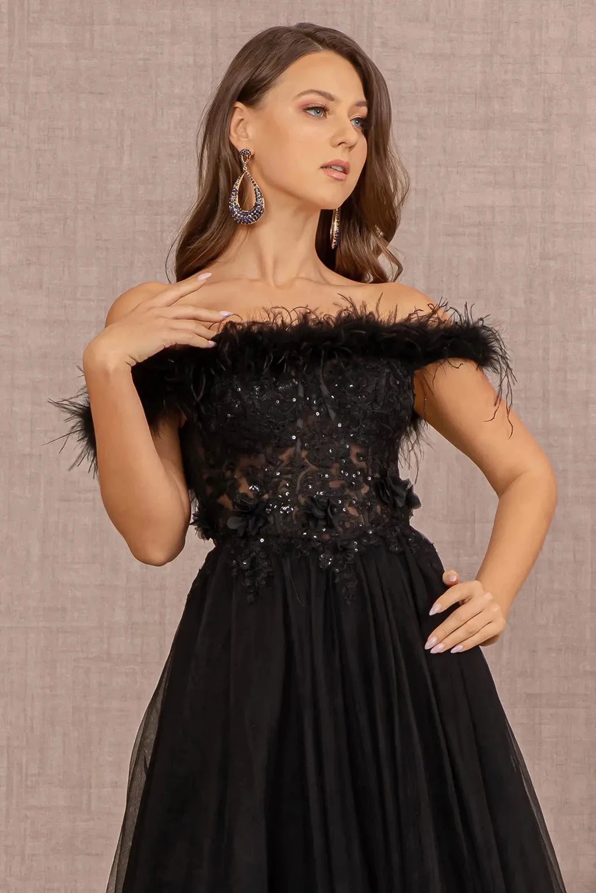 Black prom evening dress a-line skirt detail