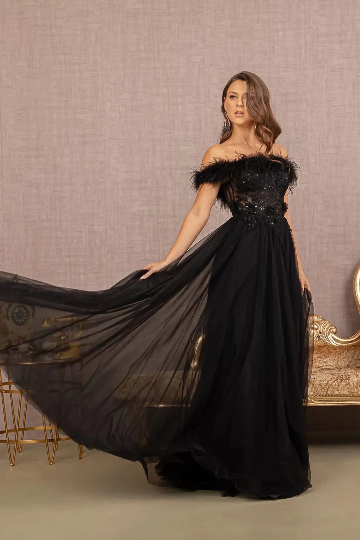 Black prom evening dress applique, embroidery, feather, sequin detail