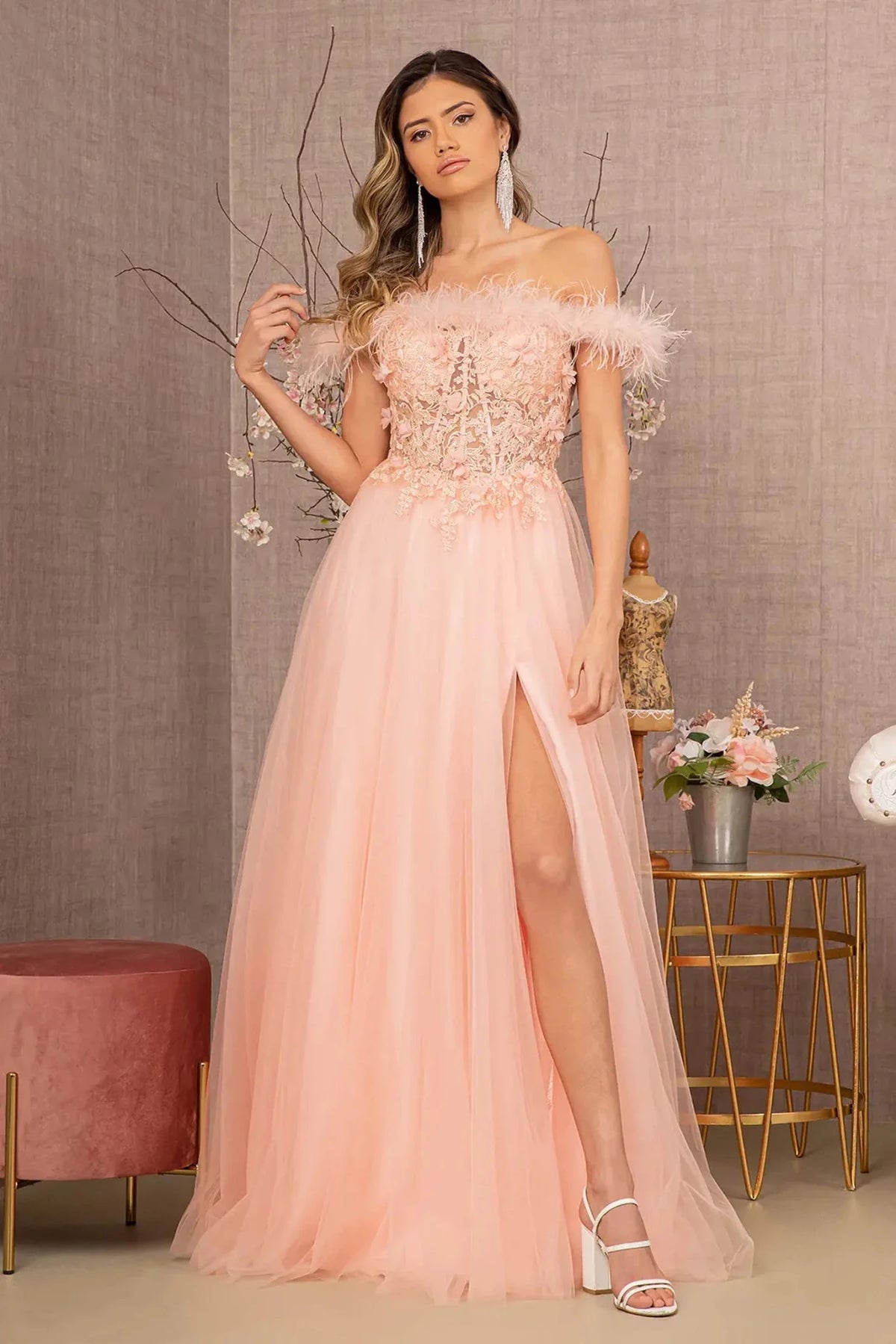 Blush feather-trimmed prom evening dress full front