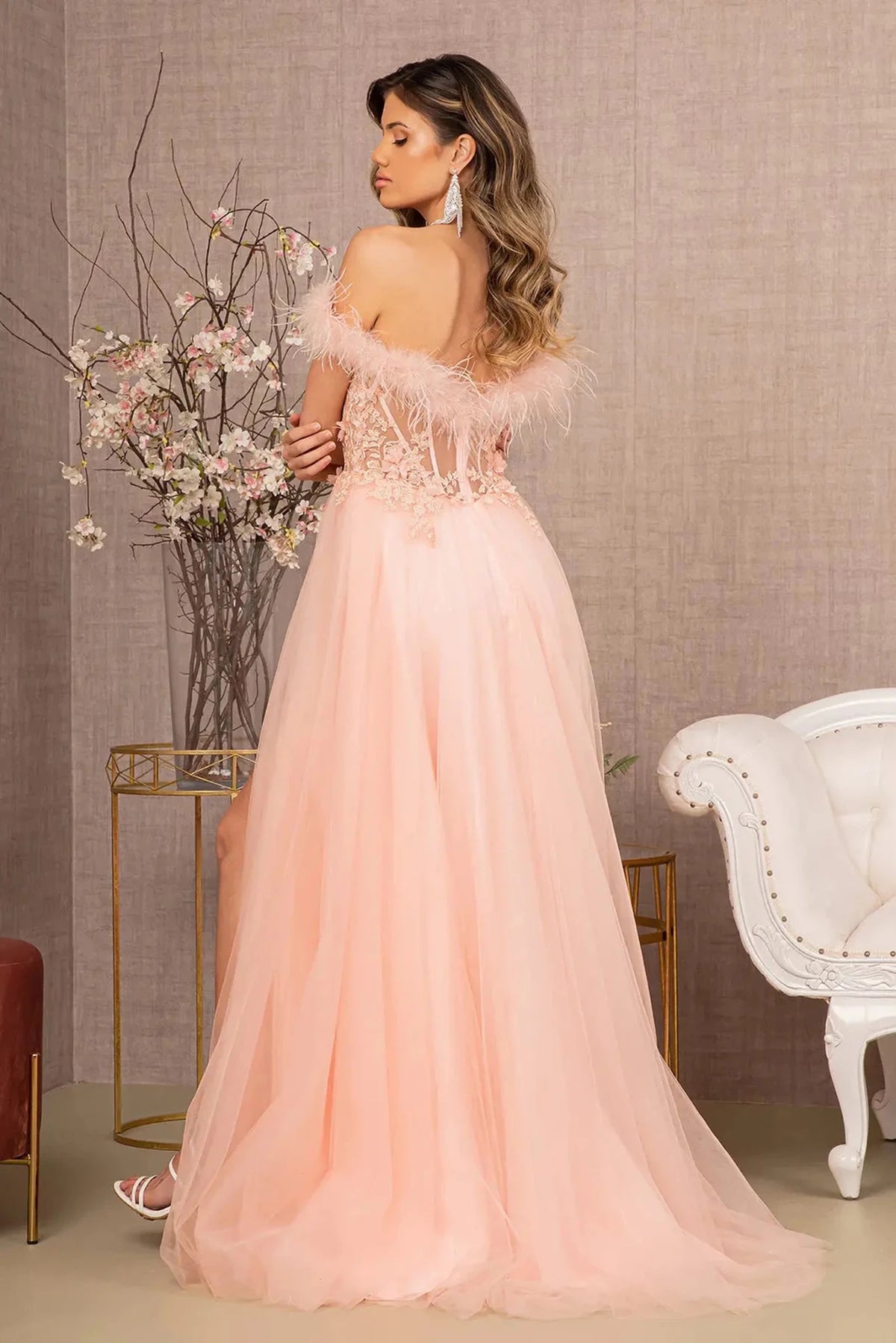 Blush prom evening dress full back with sheer back