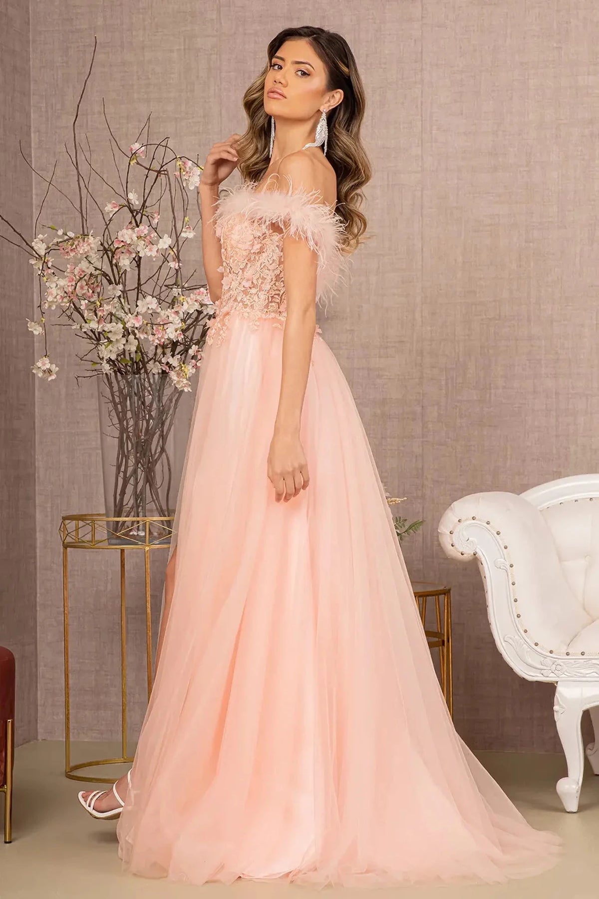Blush straight across prom evening dress upper front with applique, embroidery, feather, sequin