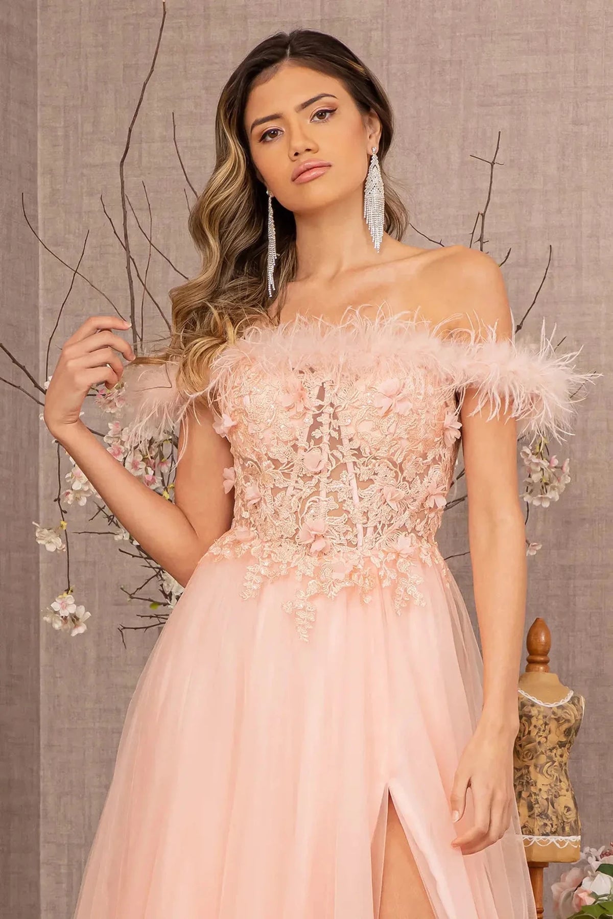 Blush prom evening dress a-line skirt detail