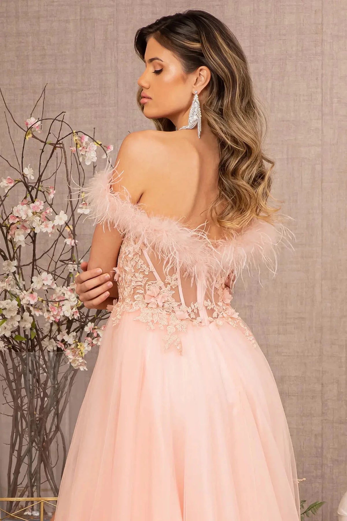 Blush prom evening dress straps bodice detail