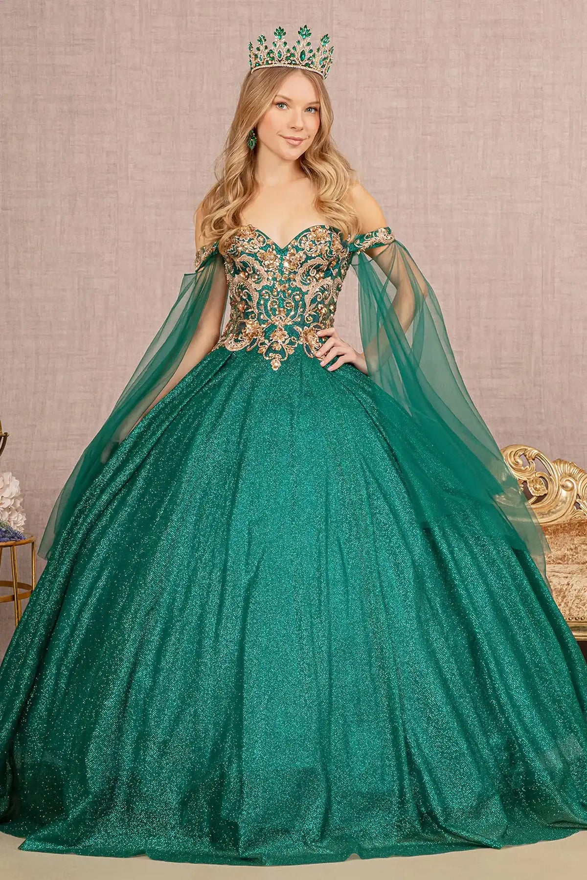 Lace-up back reveals the Emerald Green quinceañera ball gown with lace-up back and sheer glitter bodice.