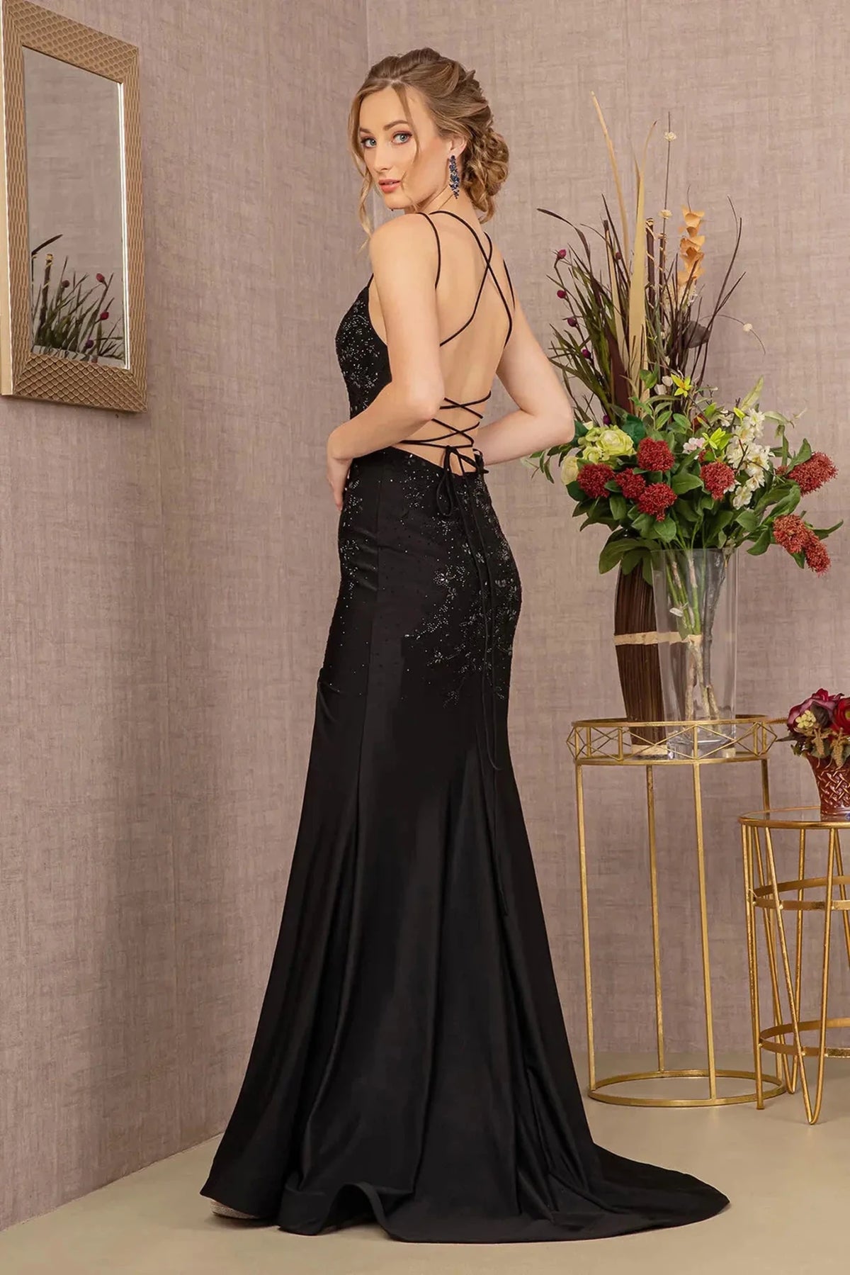Black prom evening dress full back with lace-up back