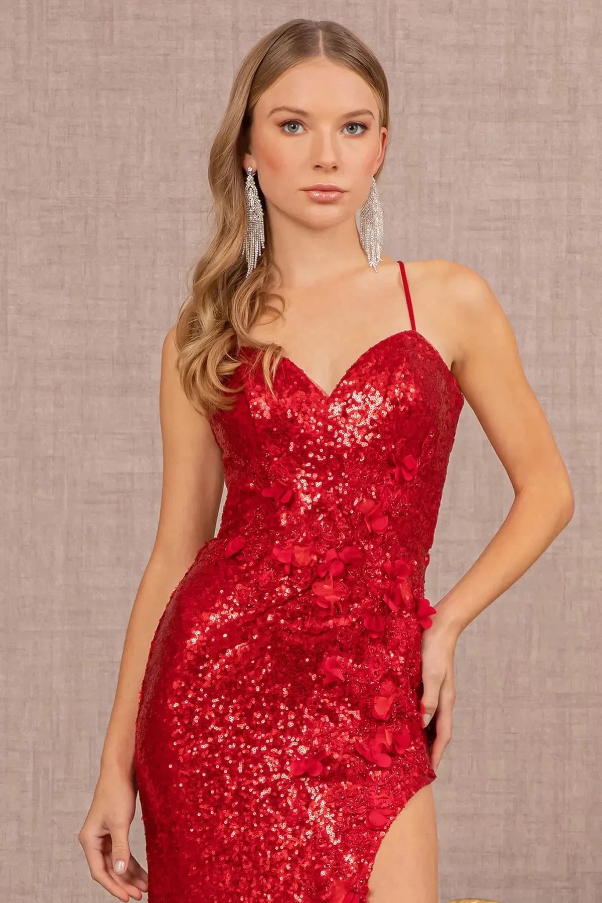 Burgundy sweetheart prom evening dress upper front with applique, embroidery, sequin