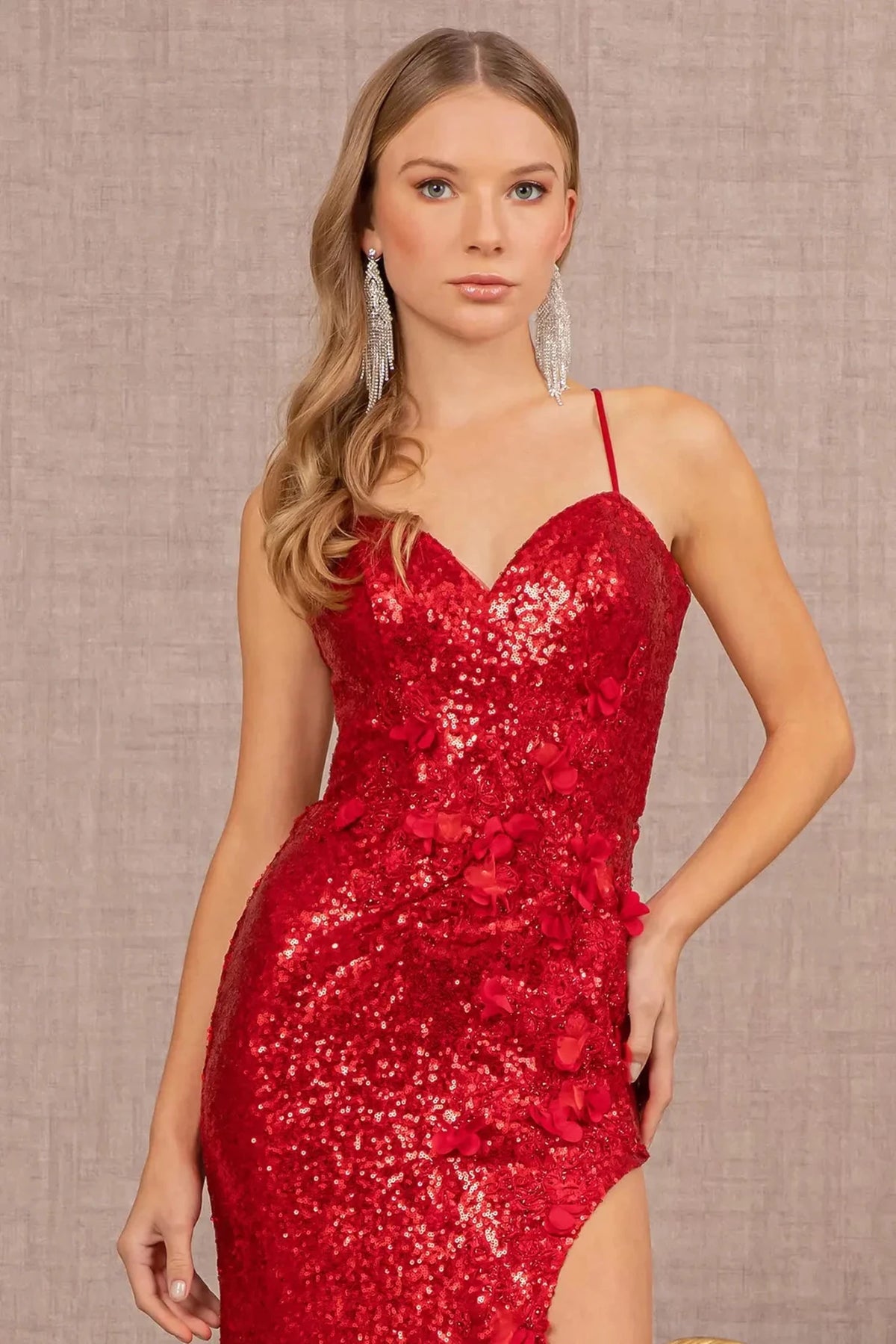 Burgundy prom evening dress spaghetti strap bodice detail