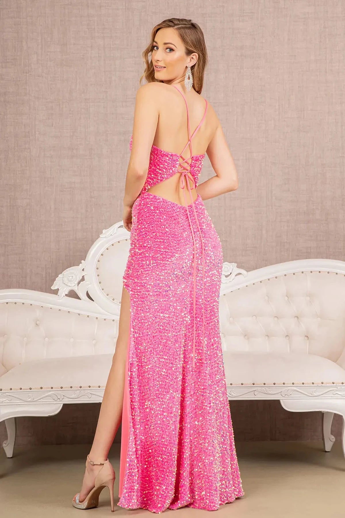 Pink prom evening dress full back with lace-up back