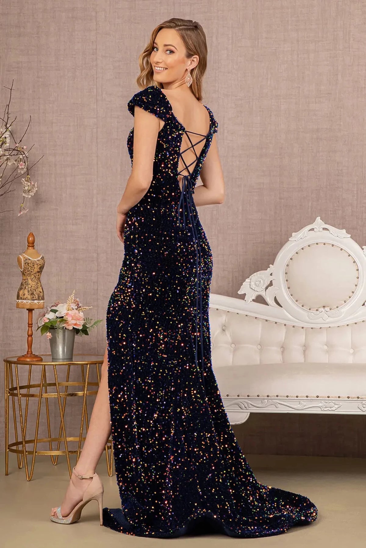 Lapis Blue prom evening dress full back with lace-up back