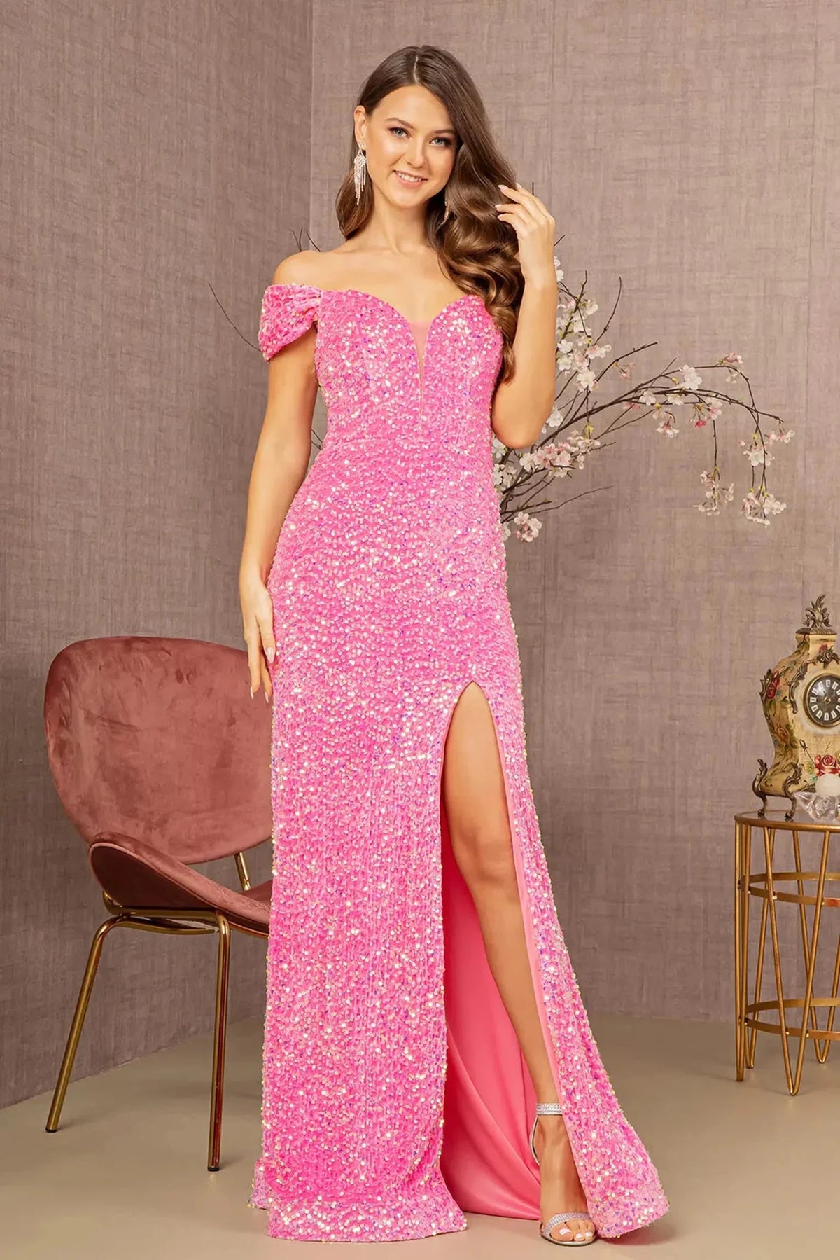 Pink sequin off-shoulder prom evening dress full front