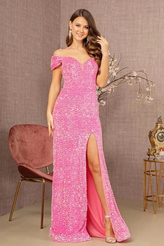 Full-length front view shows sequin off-shoulder styling on the Pink prom evening dress.