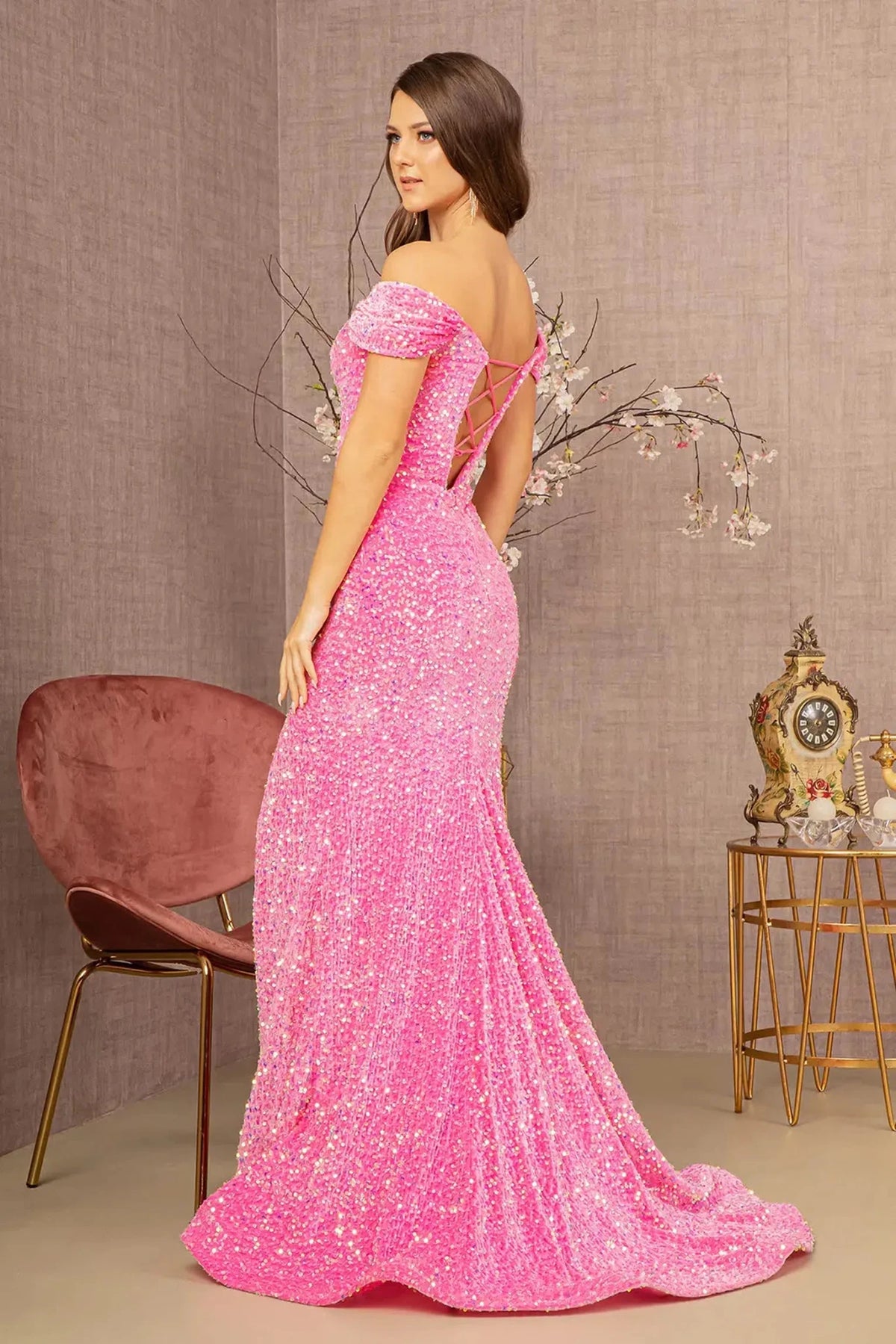 Pink prom evening dress full back with lace-up back