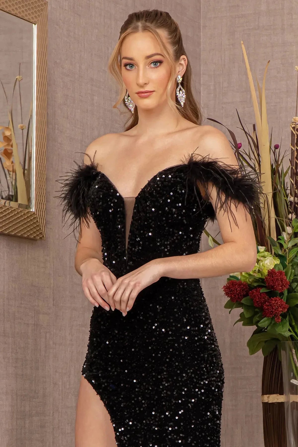 Black illusion sweetheart prom evening dress upper front with sequin