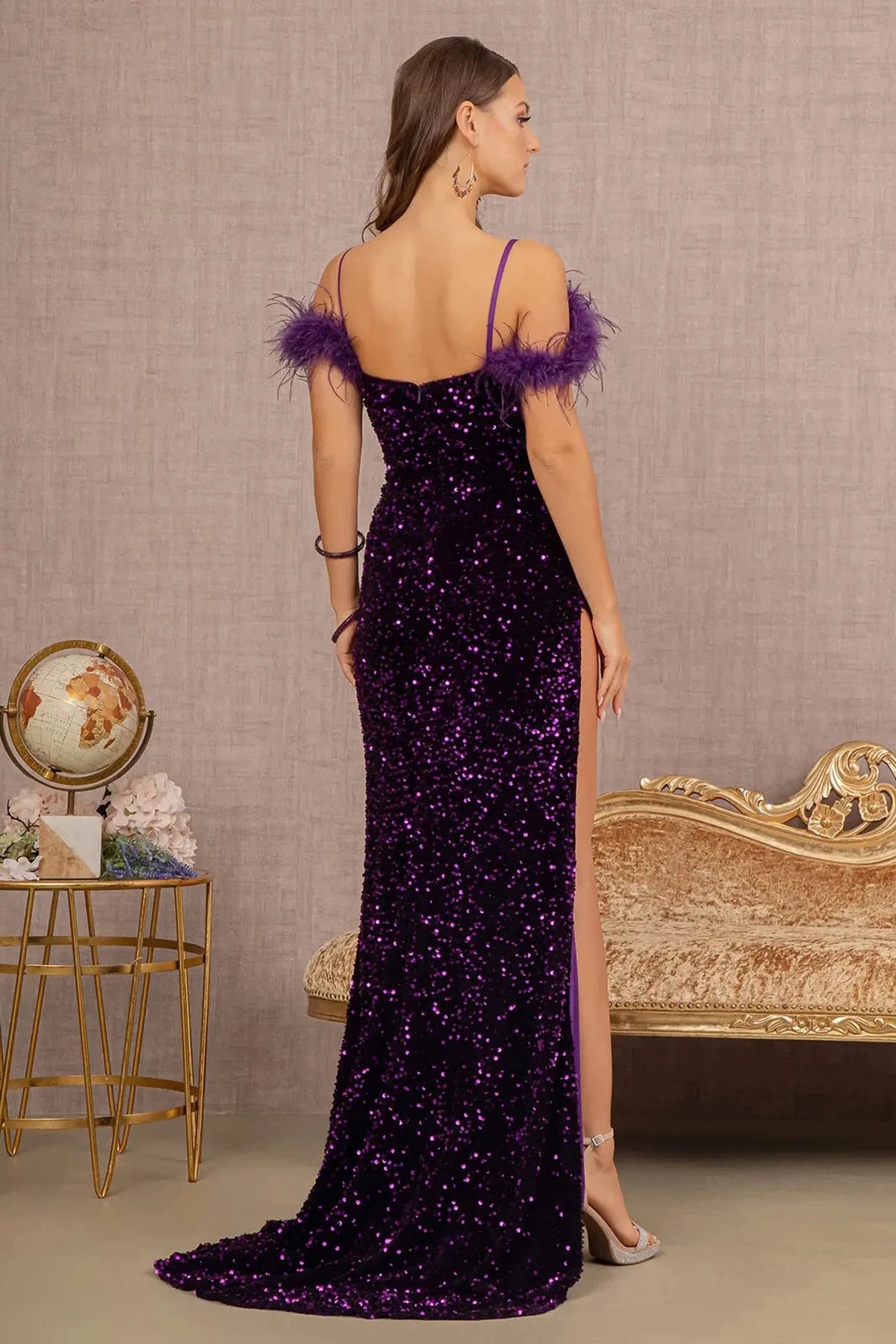 Purple prom evening dress full back with open back