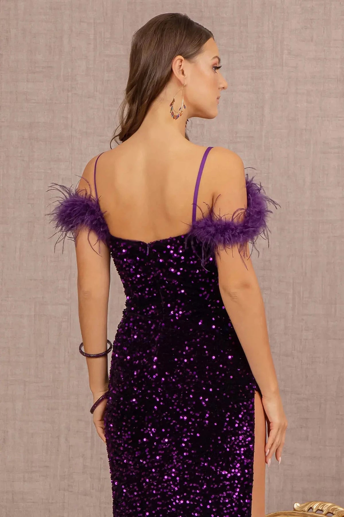Purple prom evening dress mermaid skirt detail