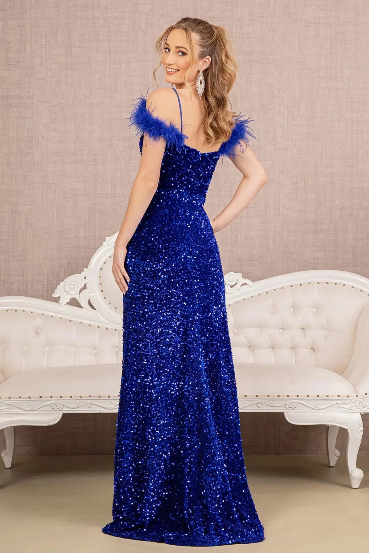 Royal Blue prom evening dress full back with open back
