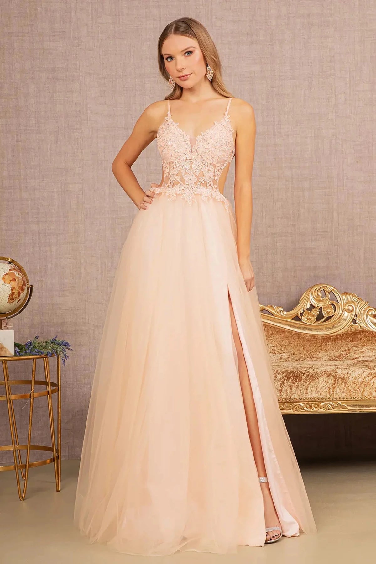 Blush appliqué prom evening dress full front