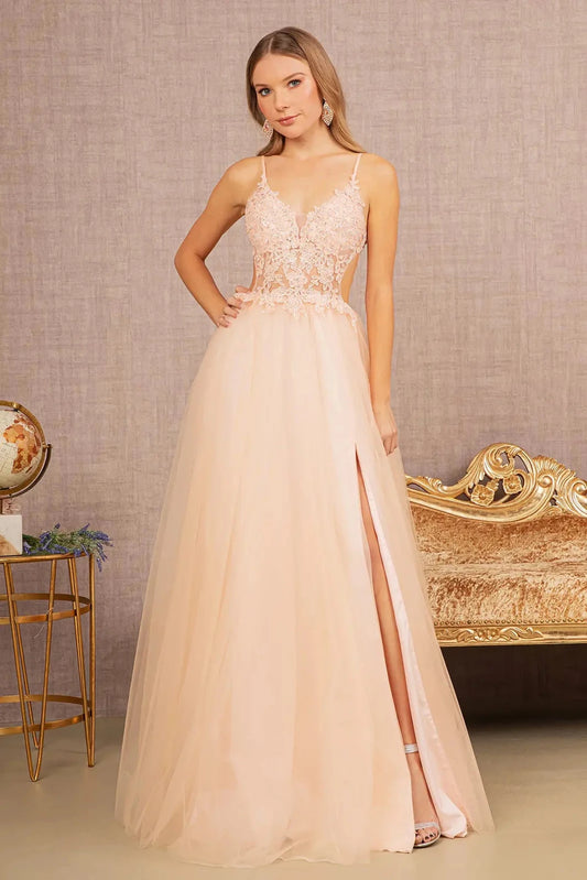 Full-length front view shows appliqué styling on the Blush prom evening dress.