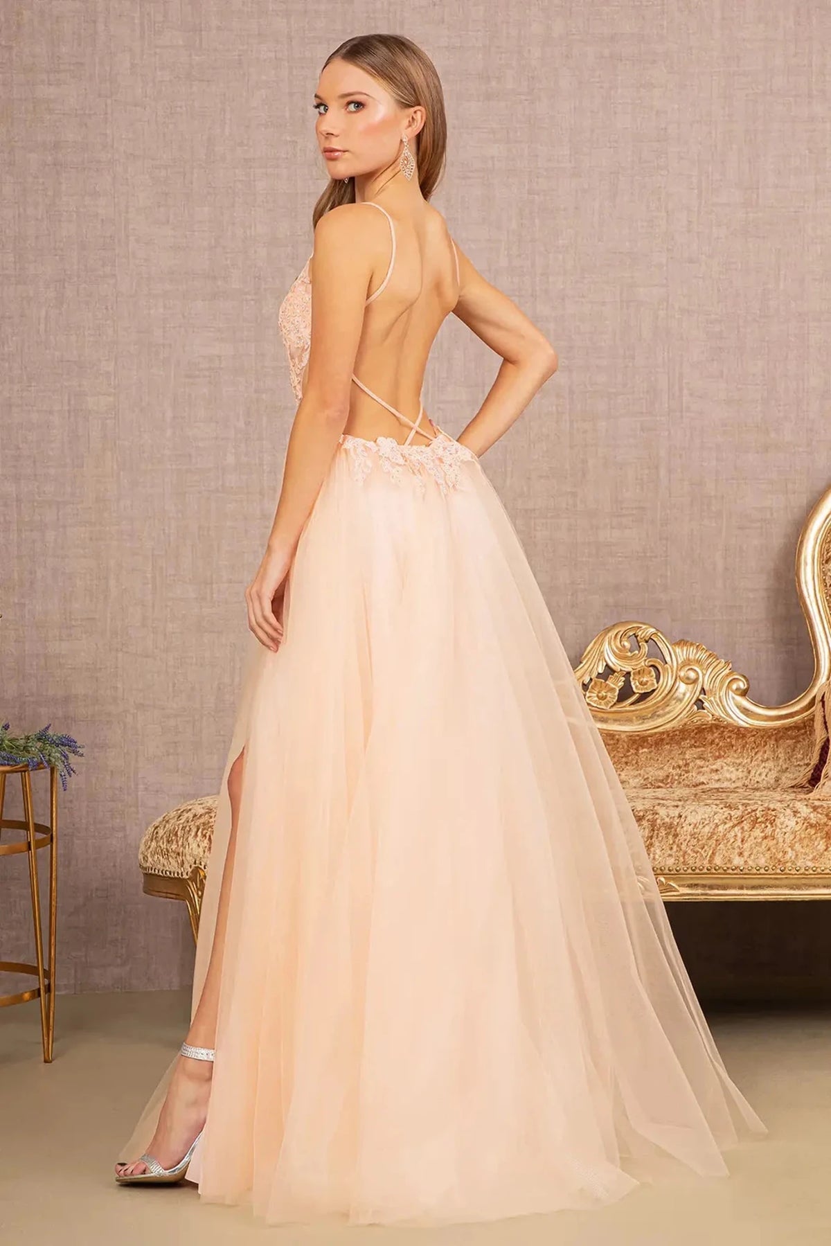 Blush prom evening dress full back with open back