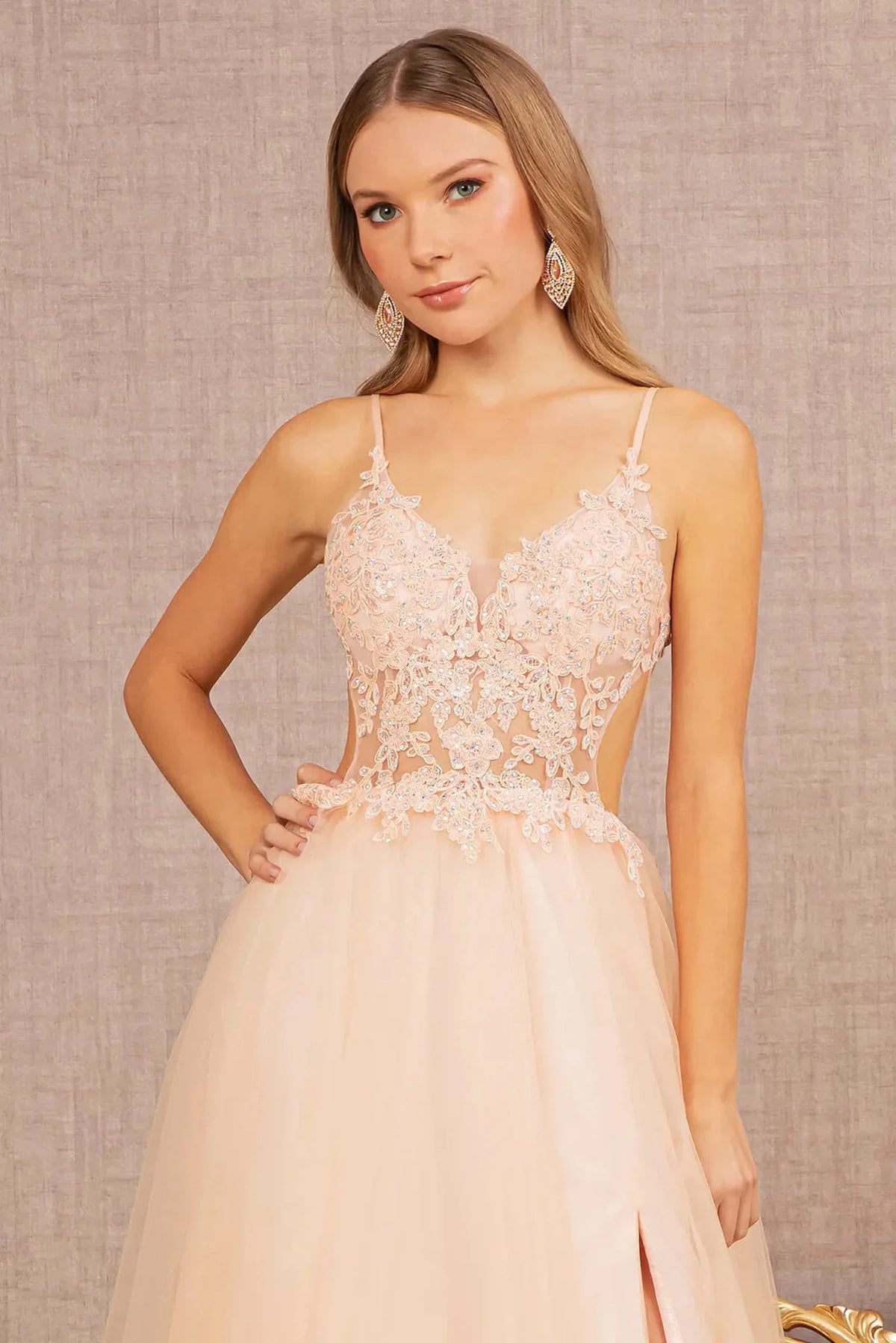 Blush illusion v-neck prom evening dress upper front with applique, beads, embroidery